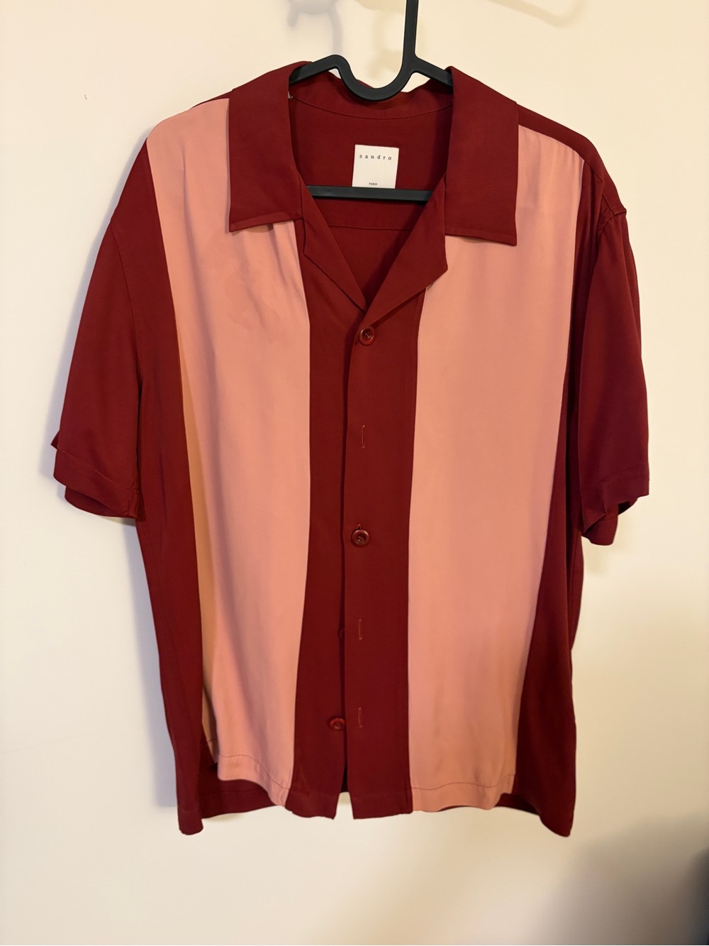 Sandro Men's Maroon and Pink Colorblock Short Sleeve Button-Up Shirt